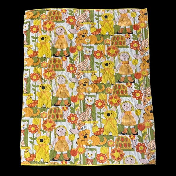 Vintage 1970s Kitschy Handmade Throw Blanket Flower Snail Yellow Orange AS IS - Picture 2 of 10